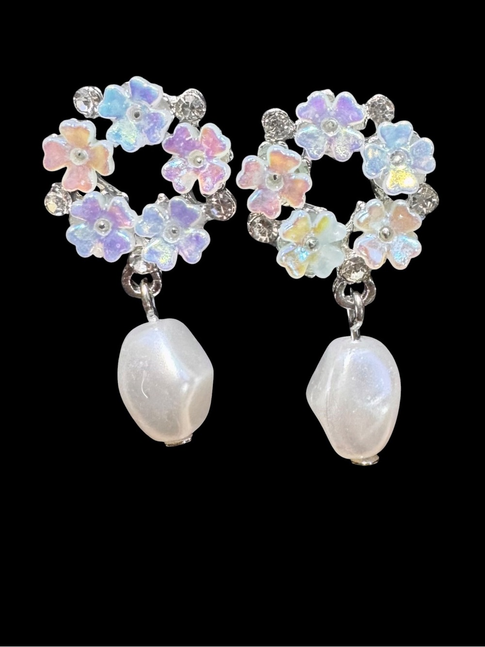 Iridescent Floral Drop Earrings with Pearl Drops - Women Jewelry